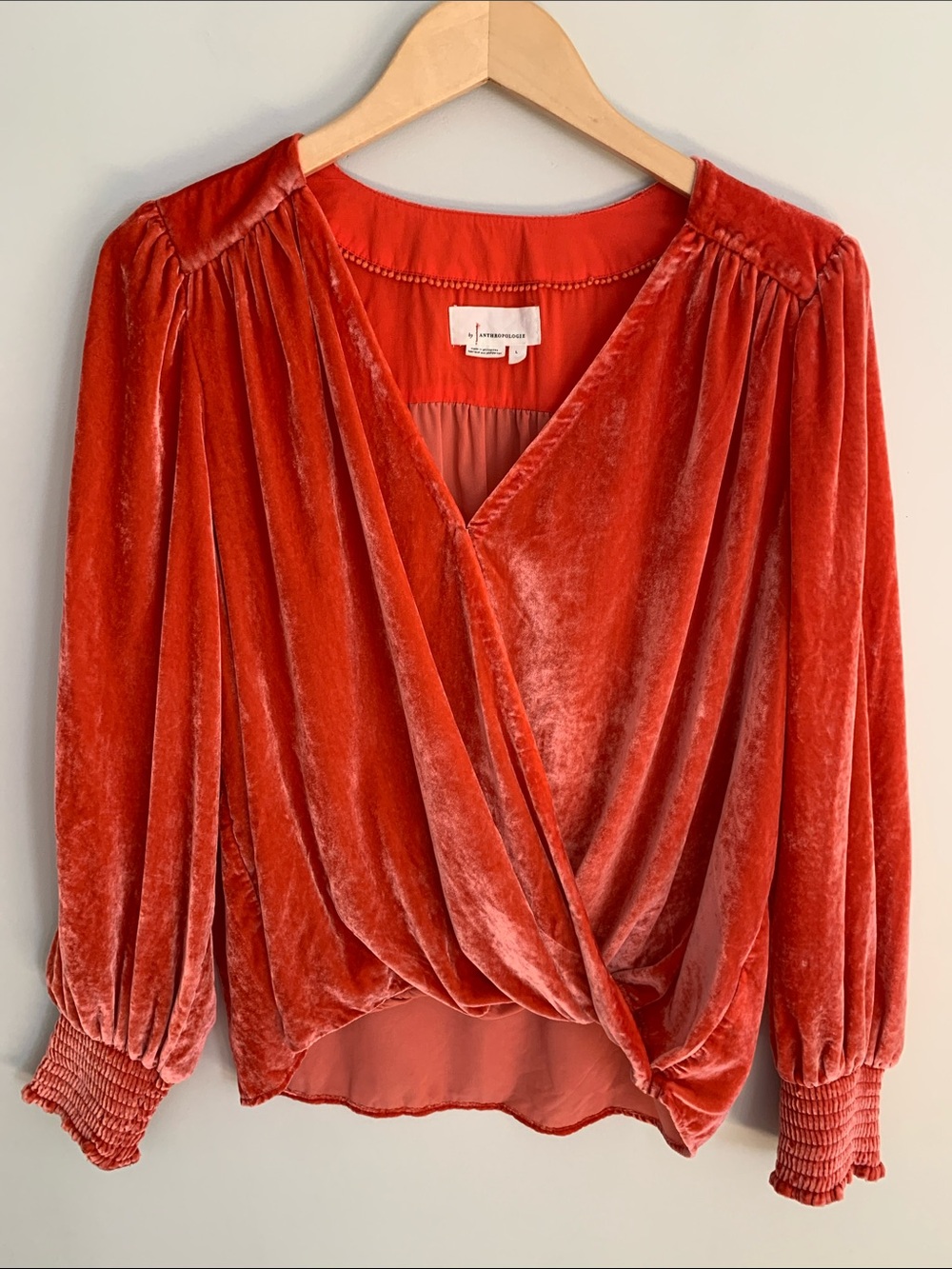 Anthropologie Velvet Faux Wrap Surplice Relaxed Fit Top Orange Crush Large
